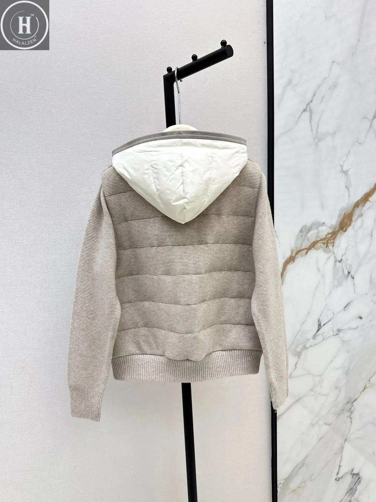 2025 Autumn and Winter Slim New Women's Clothing Hooded Knitted Spliced Down Jacket Nylon Wool Knitted 90 White Goose Down Linin Halalzen UK