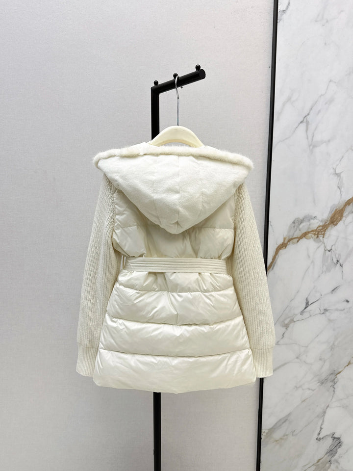2025 Winter New Women's Down Jacket Wool Knitted Splicing Hooded Down Jacket Wool Knitted Fabric 90% White Duck Down Lining