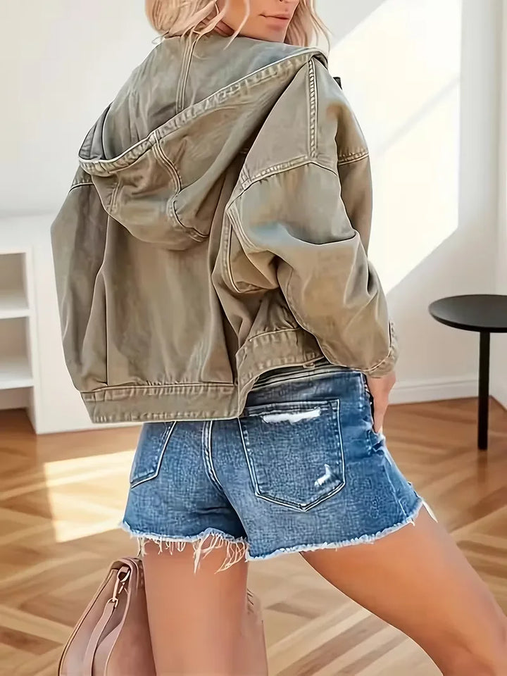 Women's Autumn/Winter Denim Hooded Jacket - Elegant Neckline, Long Sleeves, Single-Button Closure Jacket