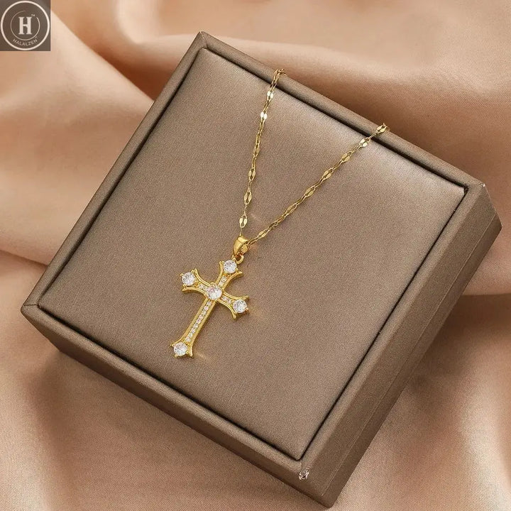 1 Piece of Fashionable, Simple and Versatile Micro-inlaid Zircon Christmas Cross Necklace For Men and Women HALALZEN