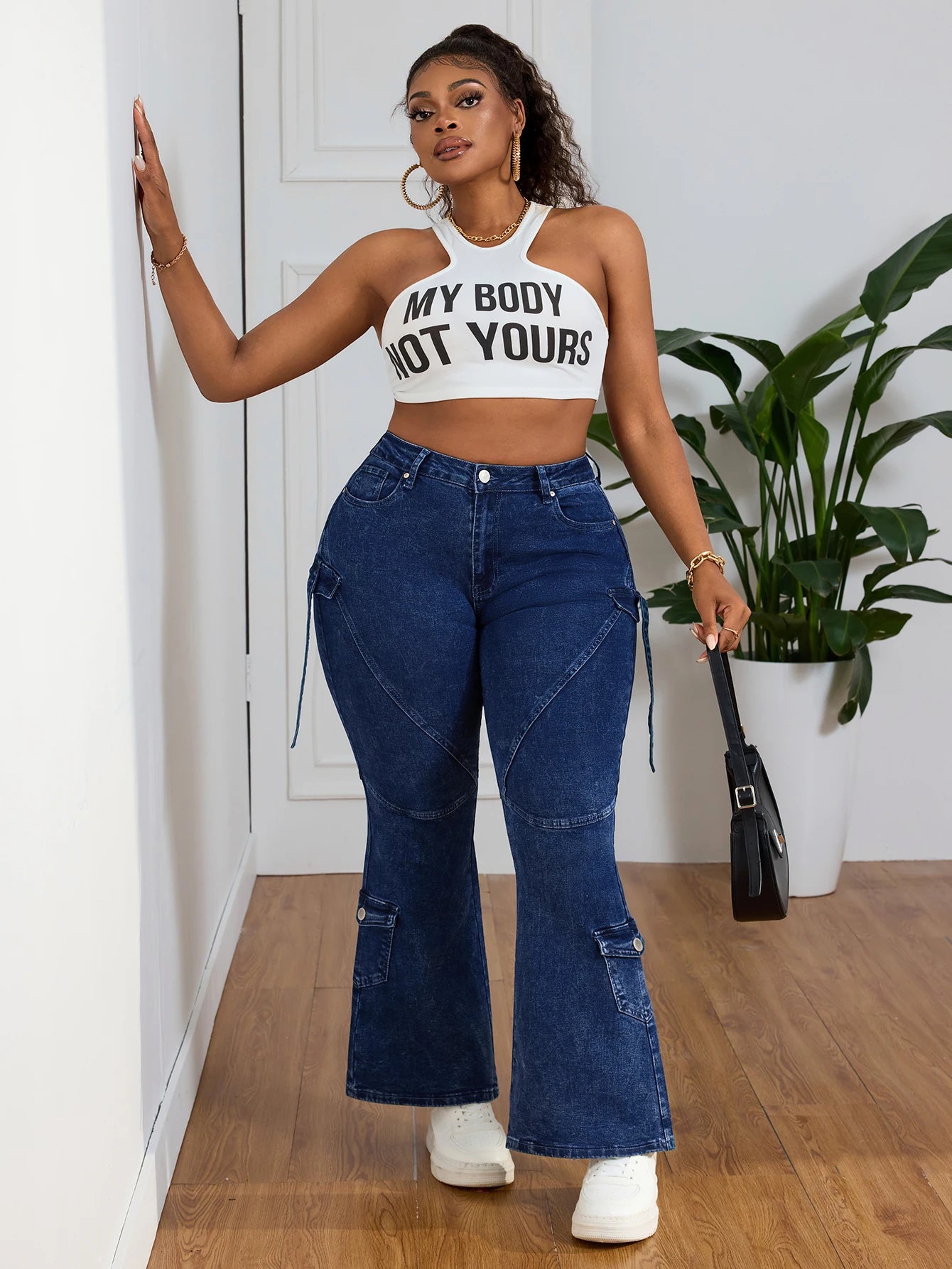 Plus Size Skinny Stretch Cargo Jeans for Women High Waist Slim Fit Shaping Curve Flattering Denim Pants