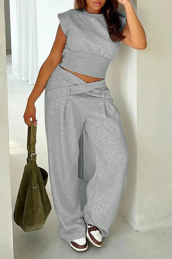 【2025 Summer New】Fashion Top & High Waist Straight Sweatpants Set for Women - Casual Tracksuit Two Piece Outfit | Solid Color/P Halalzen UK