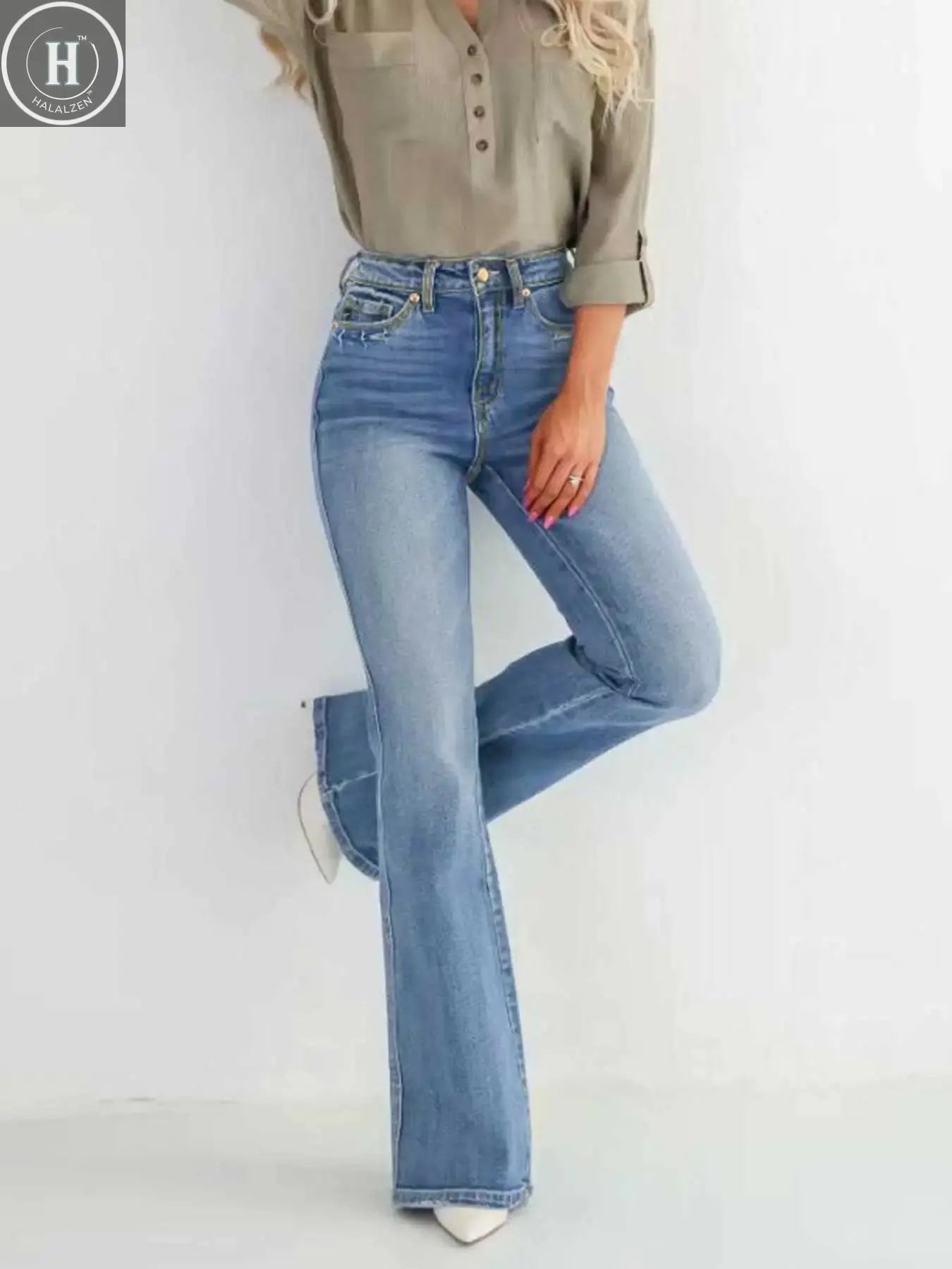 Women's Flare Bell Bottom Jeans High Waisted Wide Leg Bootcut Jeans Stretchy Denim Pants Women's Casual Denim Halalzen UK