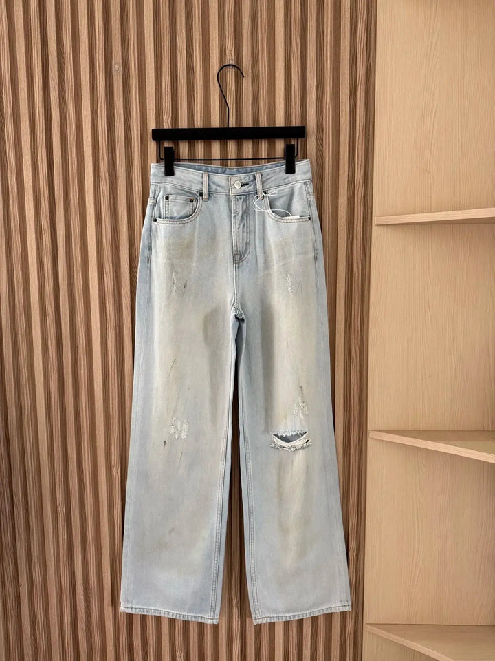 2025 New 100% Cotton Old Worn Hole Washed Denim Straight Leg Jeans 284 Halalzen UK