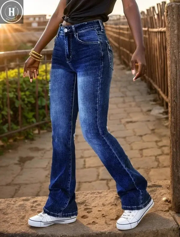 Mid  Rise Boot Cut Jeans for Women Butt Lifting Western Pants with Pockets Flare Jeans Women Halalzen UK