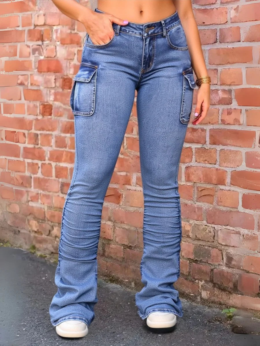 【HME】Women's Asymmetrical Waist Jeans Straight Tapered Boyfriend Denim Pants Women's Mid-Rise Stretchy Washed Casual Jeans