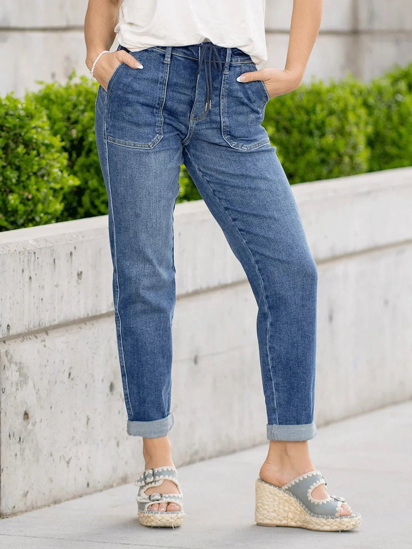 Straight Leg Jeans for Women Drawstring Elastic Waist Pull On Jeans Stretchy Boyfriend Baggy Cropped Denim Joggers Halalzen UK