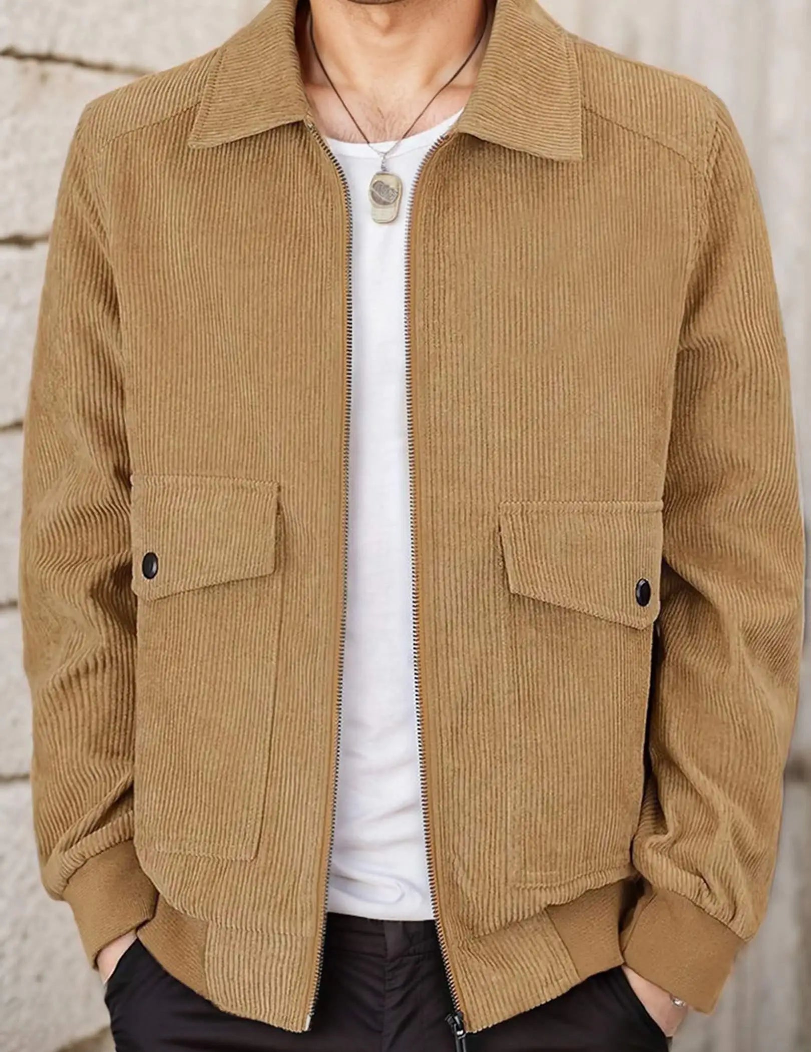 Mens Corduroy Trucker Jacket Long Sleeve Zip Up Lapel Collar Casual Fall Winter Shacket Coat With Pocket