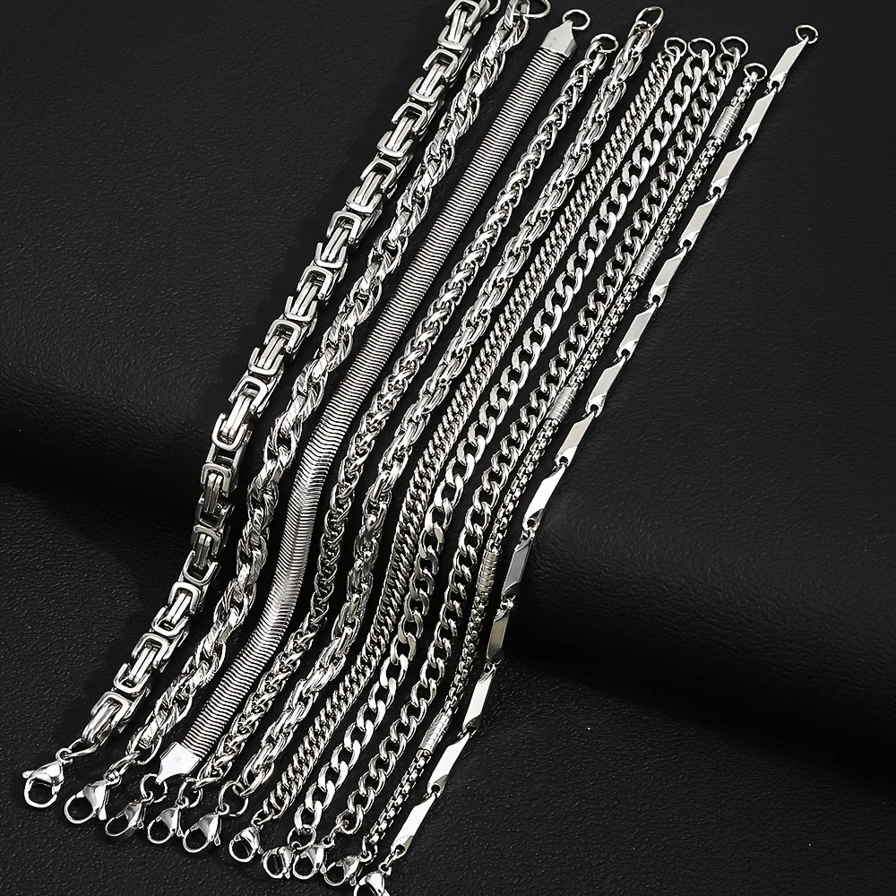 10Pcs/Set Men's Stainless Steel Bracelets - Rock Style Interlocking Design, Waterproof Jewelry, Exquisite Gift