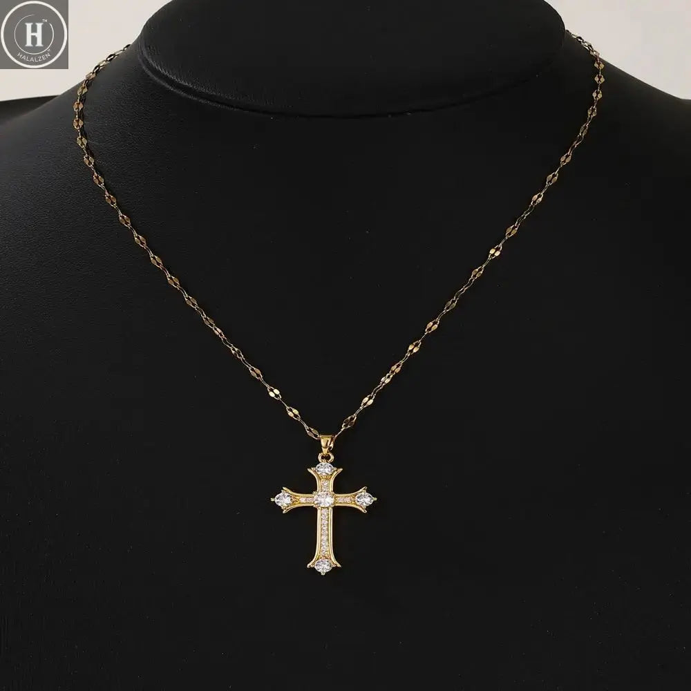 1 Piece of Fashionable, Simple and Versatile Micro-inlaid Zircon Christmas Cross Necklace For Men and Women HALALZEN