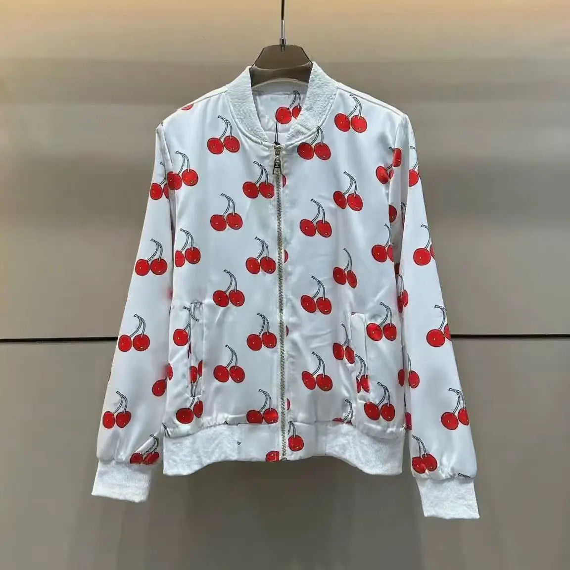 2025 Women's New Presbyopia logo Cherry Printed Long Sleeve Jacket Zipper Jacket