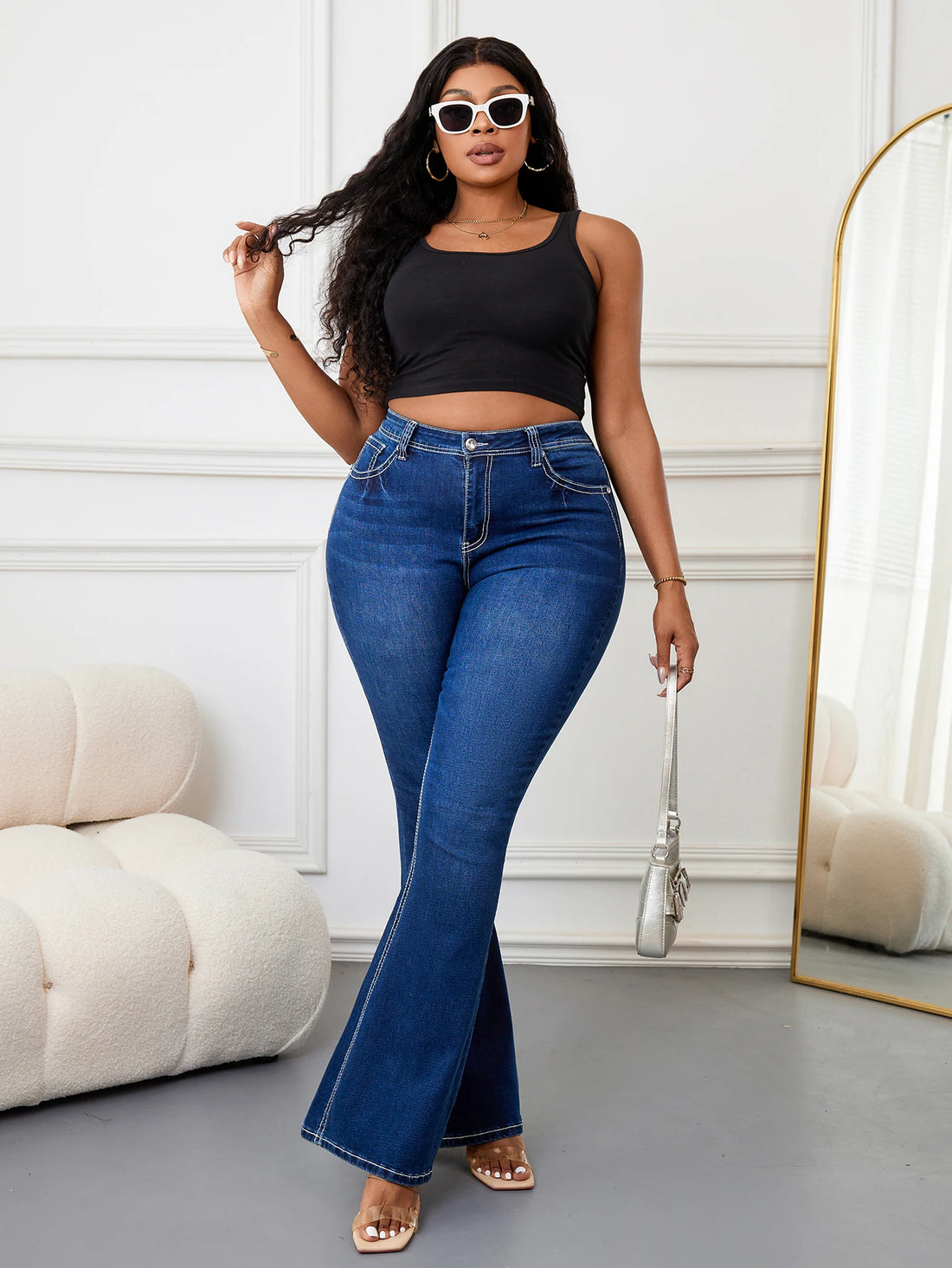 Plus Size Women High Waist Flare Jeans Stretch Slim Fit Casual Blue Denim Trousers Streetwear Retro Fashion Outfit Comfortable