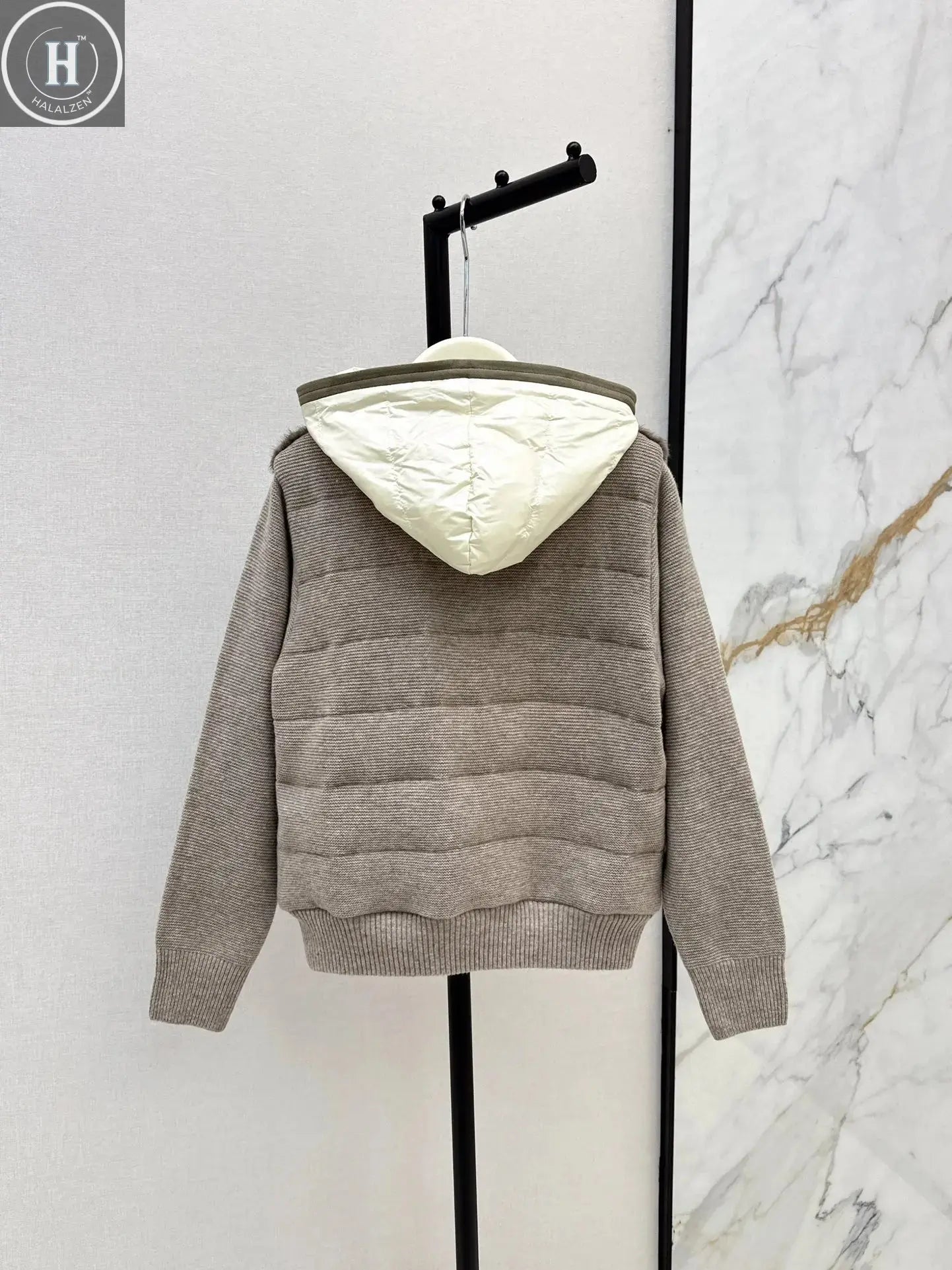 2025 Autumn and Winter Slim New Women's Clothing Hooded Knitted Spliced Down Jacket Nylon Wool Knitted 90 White Goose Down Linin Halalzen UK