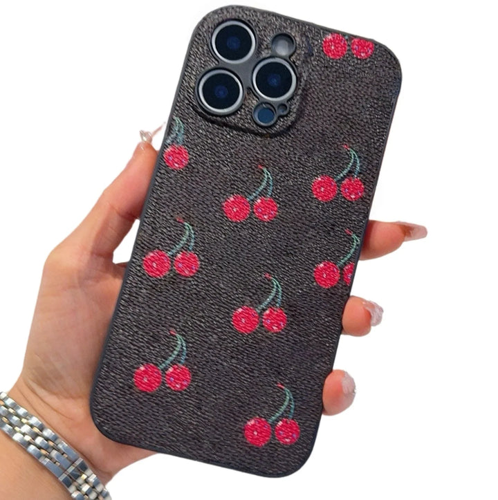 2025 Fine Hole All-Inclusive Mobile Phone Case Fully Surrounded Edge Leather Mobile Phone Case Cherry Pattern
