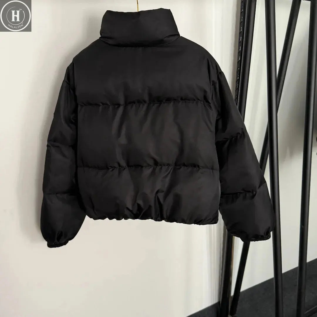 2025 New Women's Logo Armband Zipper Double Pocket Solid Color Versatile Stand-Up Collar Long Sleeve Short down Jacket Black Halalzen UK