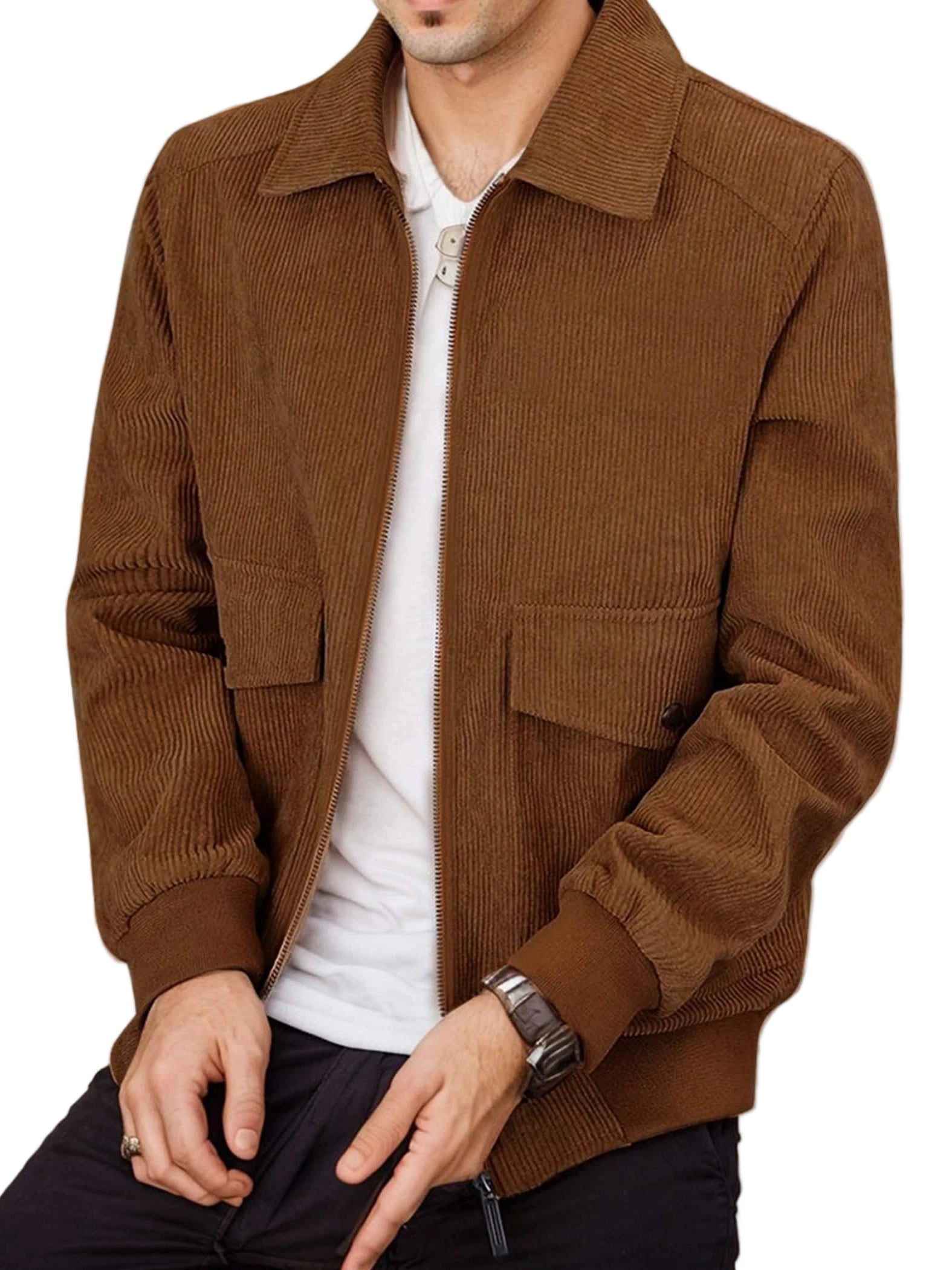Mens Corduroy Trucker Jacket Long Sleeve Zip Up Lapel Collar Casual Fall Winter Shacket Coat With Pocket