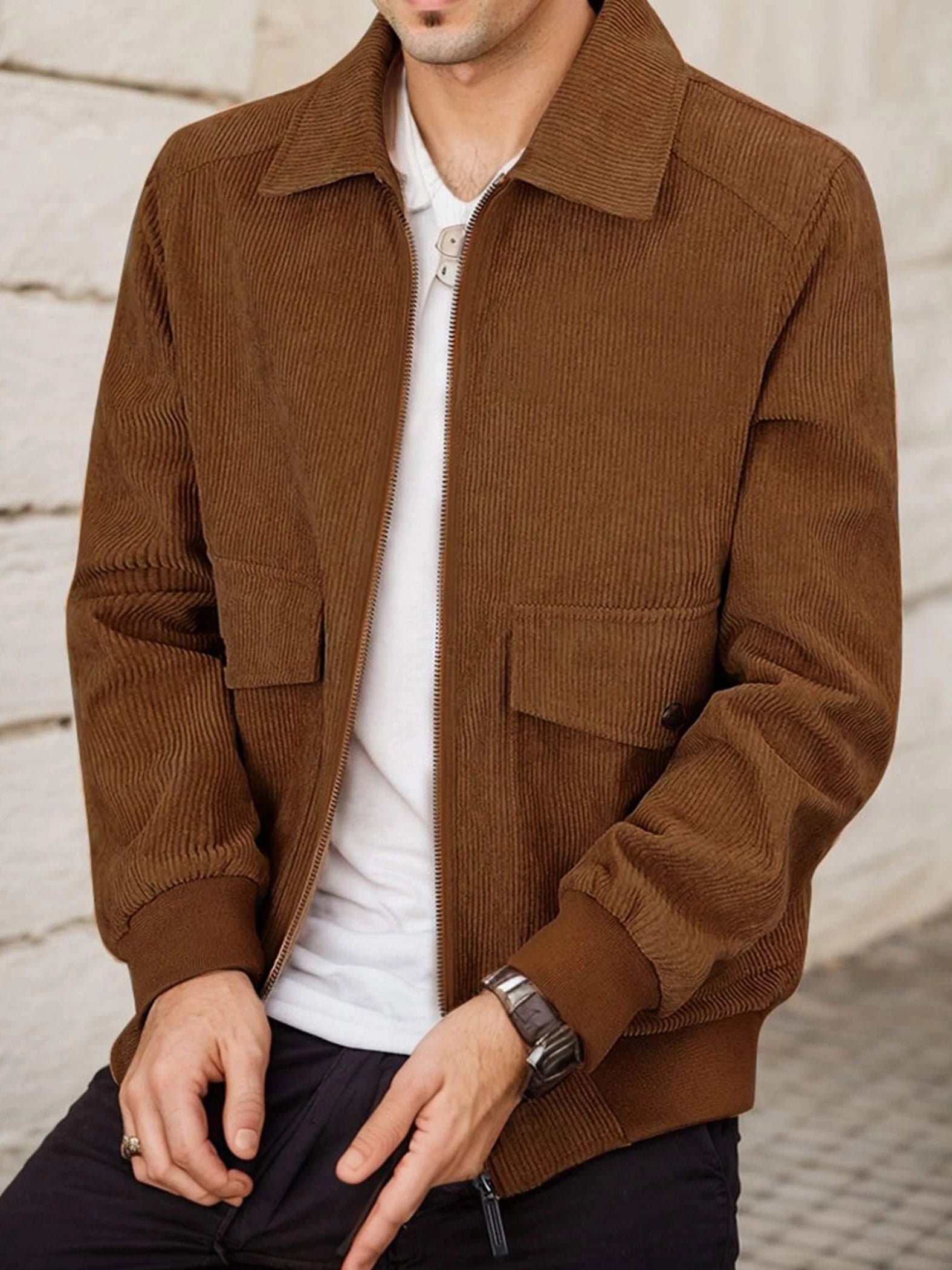 Mens Corduroy Trucker Jacket Long Sleeve Zip Up Lapel Collar Casual Fall Winter Shacket Coat With Pocket