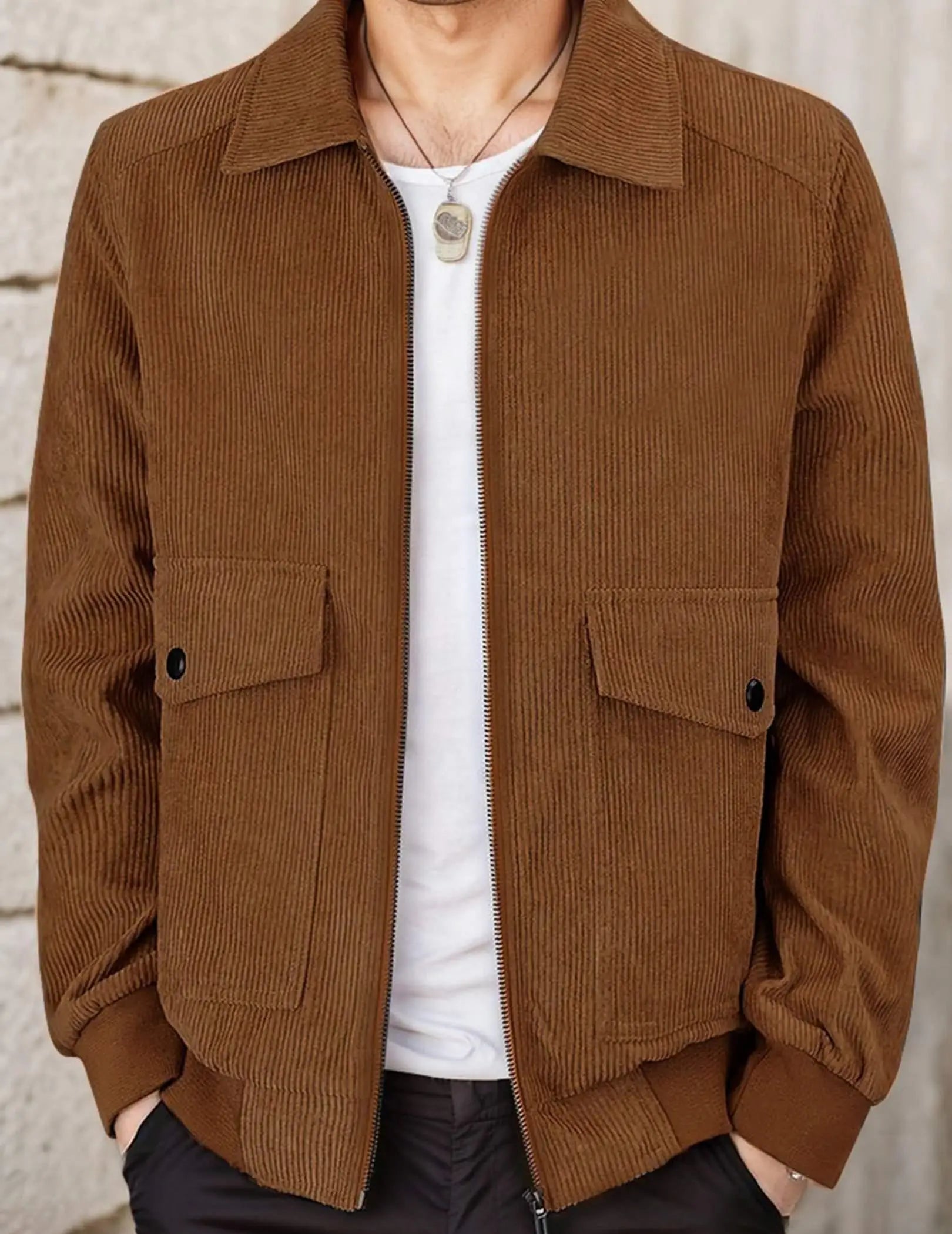 Mens Corduroy Trucker Jacket Long Sleeve Zip Up Lapel Collar Casual Fall Winter Shacket Coat With Pocket