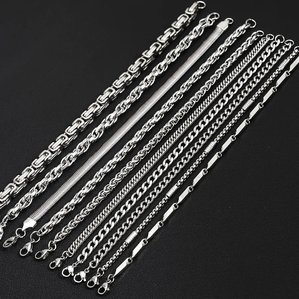 10Pcs/Set Men's Stainless Steel Bracelets - Rock Style Interlocking Design, Waterproof Jewelry, Exquisite Gift