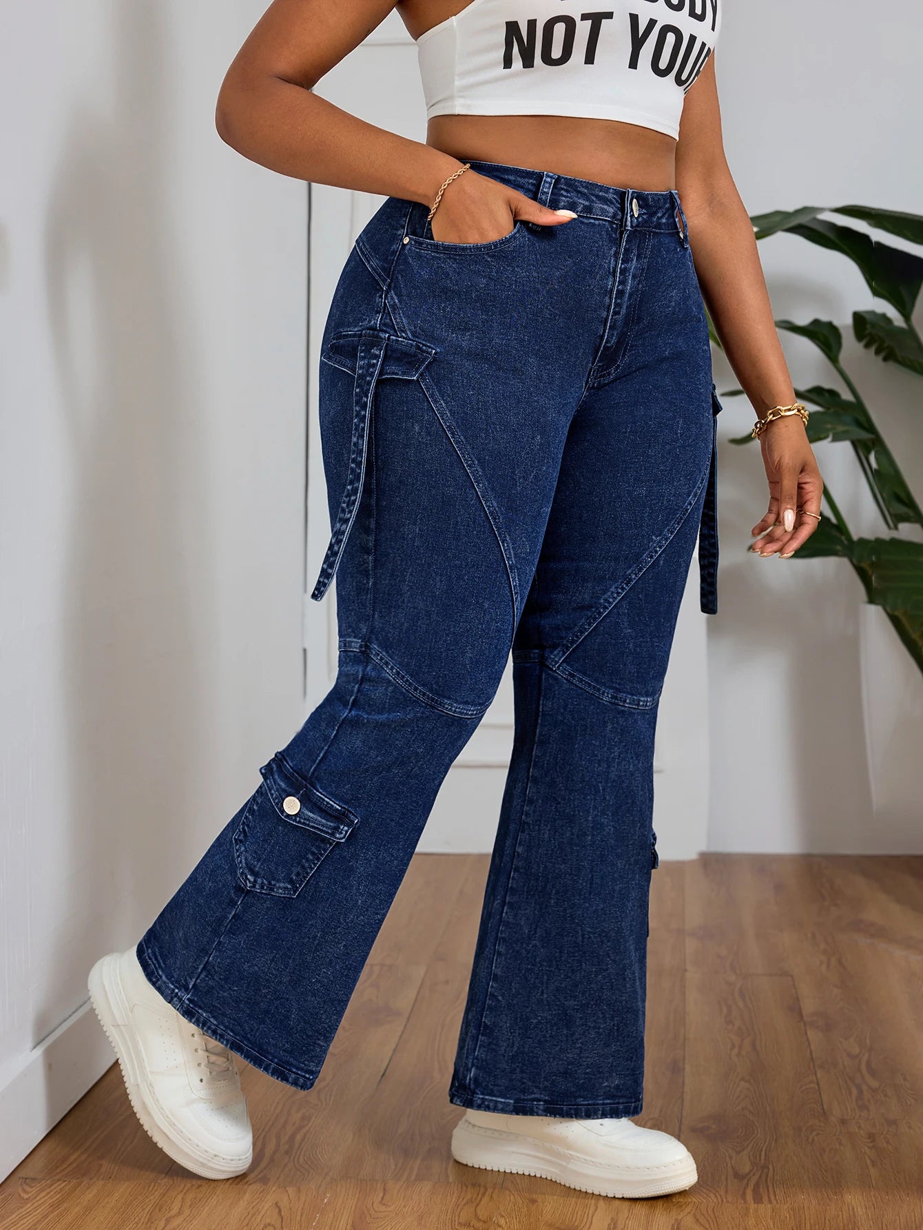 Plus Size Skinny Stretch Cargo Jeans for Women High Waist Slim Fit Shaping Curve Flattering Denim Pants