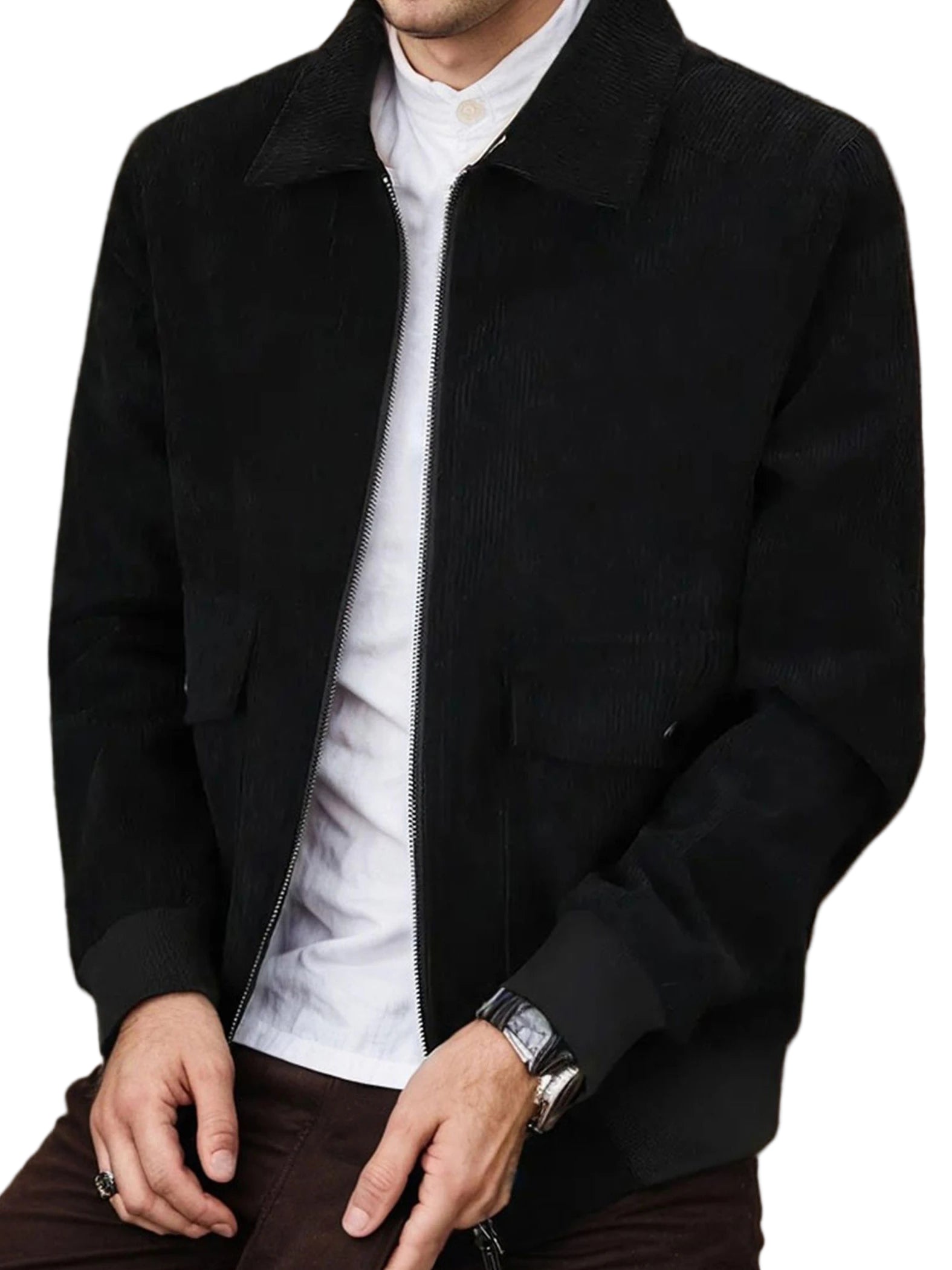 Mens Corduroy Trucker Jacket Long Sleeve Zip Up Lapel Collar Casual Fall Winter Shacket Coat With Pocket