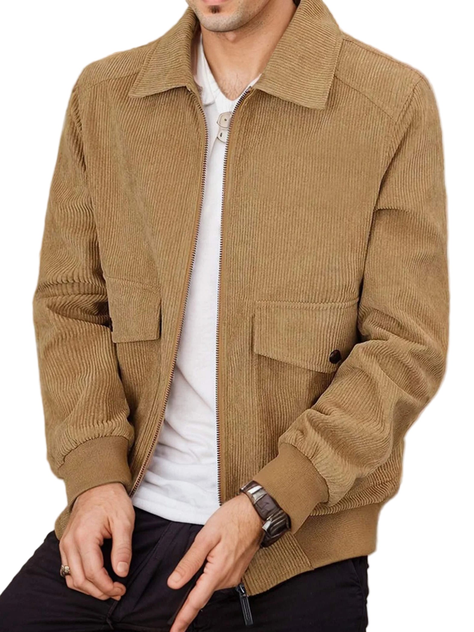 Mens Corduroy Trucker Jacket Long Sleeve Zip Up Lapel Collar Casual Fall Winter Shacket Coat With Pocket