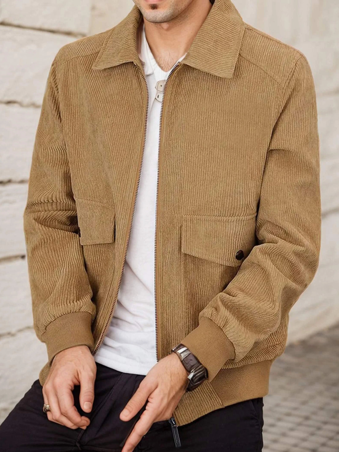 Mens Corduroy Trucker Jacket Long Sleeve Zip Up Lapel Collar Casual Fall Winter Shacket Coat With Pocket