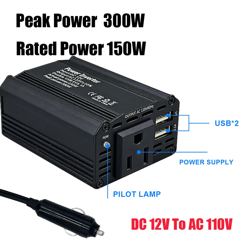 DC 12V to 110V AC Car Inverter 300W DC to AC Power Converter Automatic Transformer With US Socket Dual USB Car Adapter Dropsh