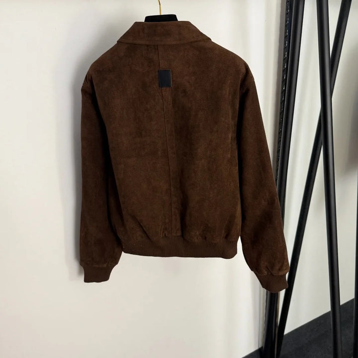 2025 autumn winter New heavy-duty rivet-decorated lapel long-sleeved suede jacket with zipper, dark coffee color