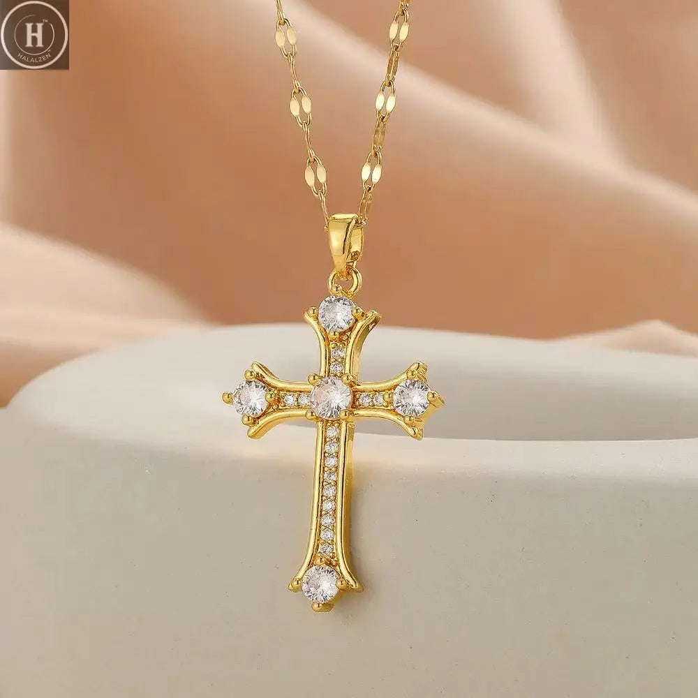 1 Piece of Fashionable, Simple and Versatile Micro-inlaid Zircon Christmas Cross Necklace For Men and Women HALALZEN
