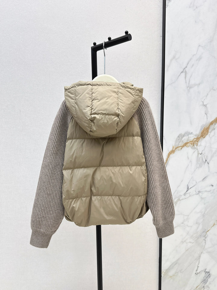 2025 autumn and winter new women's down jacket warm knitted patchwork hooded patchwork wool sleeves down jacket