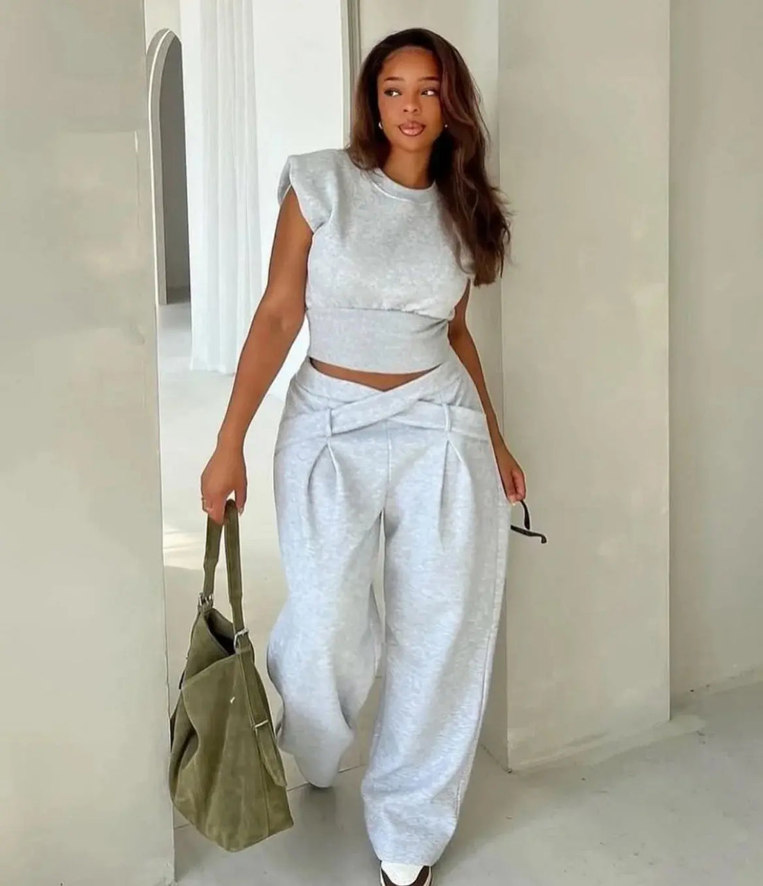 【2025 Summer New】Fashion Top & High Waist Straight Sweatpants Set for Women - Casual Tracksuit Two Piece Outfit | Solid Color/P Halalzen UK