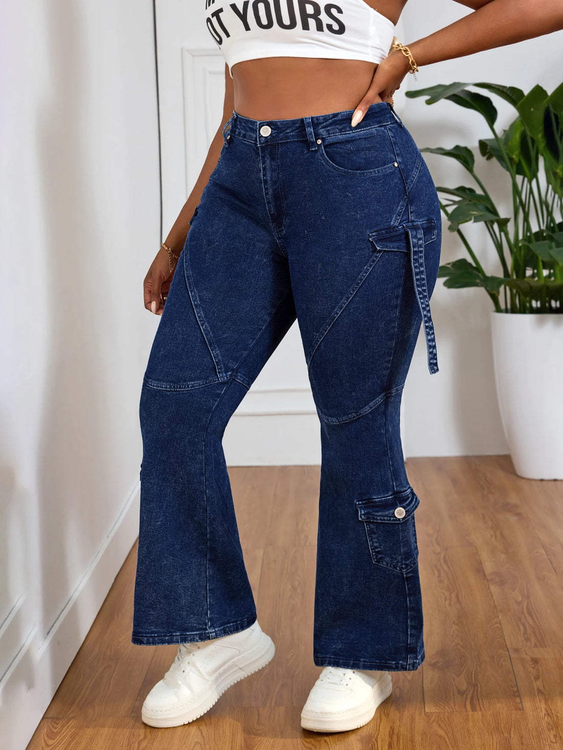 Plus Size Skinny Stretch Cargo Jeans for Women High Waist Slim Fit Shaping Curve Flattering Denim Pants