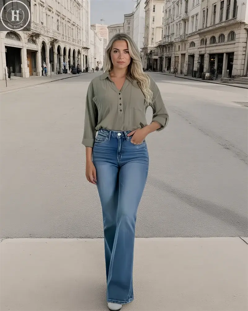 Women's Flare Bell Bottom Jeans High Waisted Wide Leg Bootcut Jeans Stretchy Denim Pants Women's Casual Denim Halalzen UK