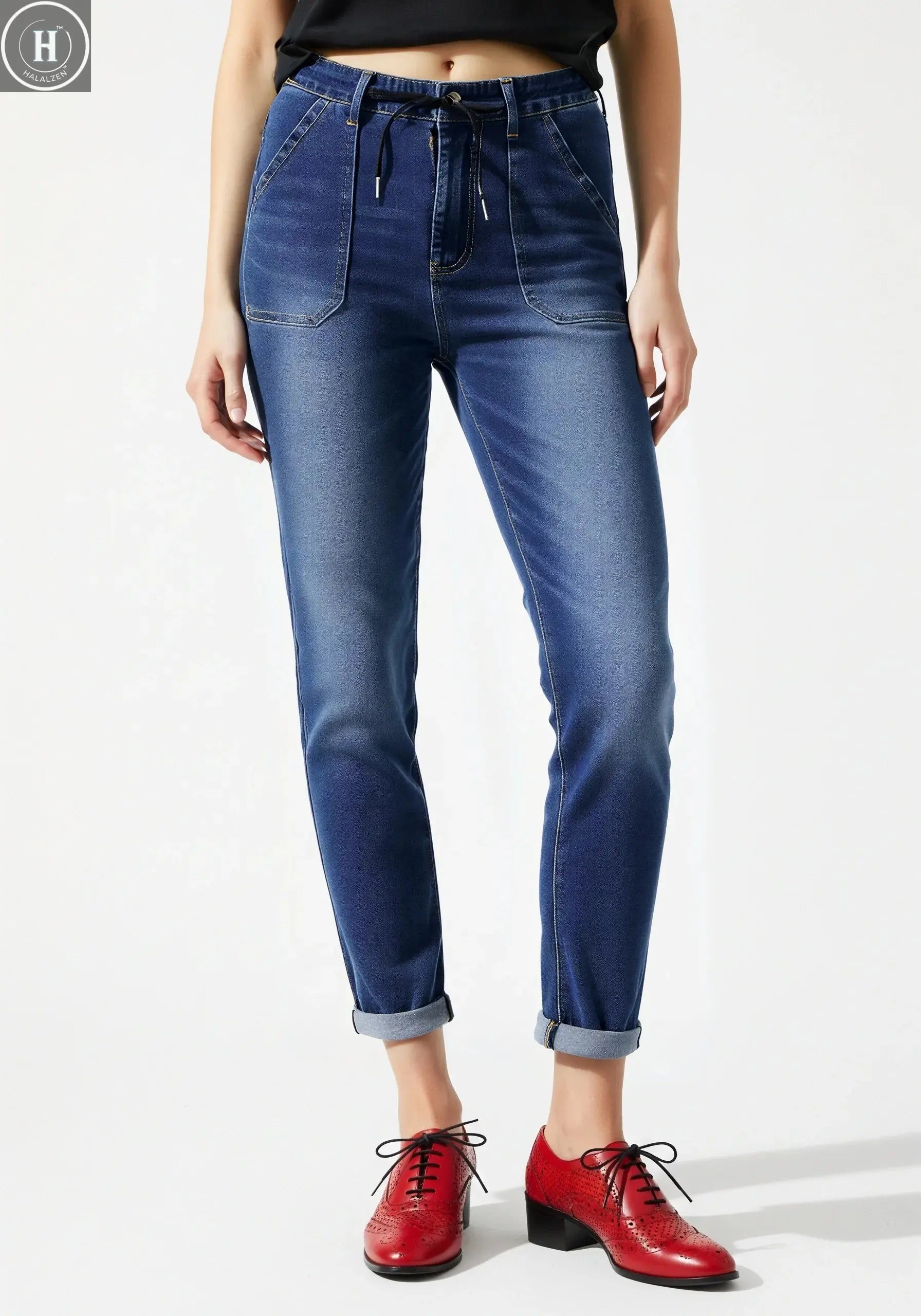 Straight Leg Jeans for Women Drawstring Elastic Waist Pull On Jeans Stretchy Boyfriend Baggy Cropped Denim Joggers Halalzen UK