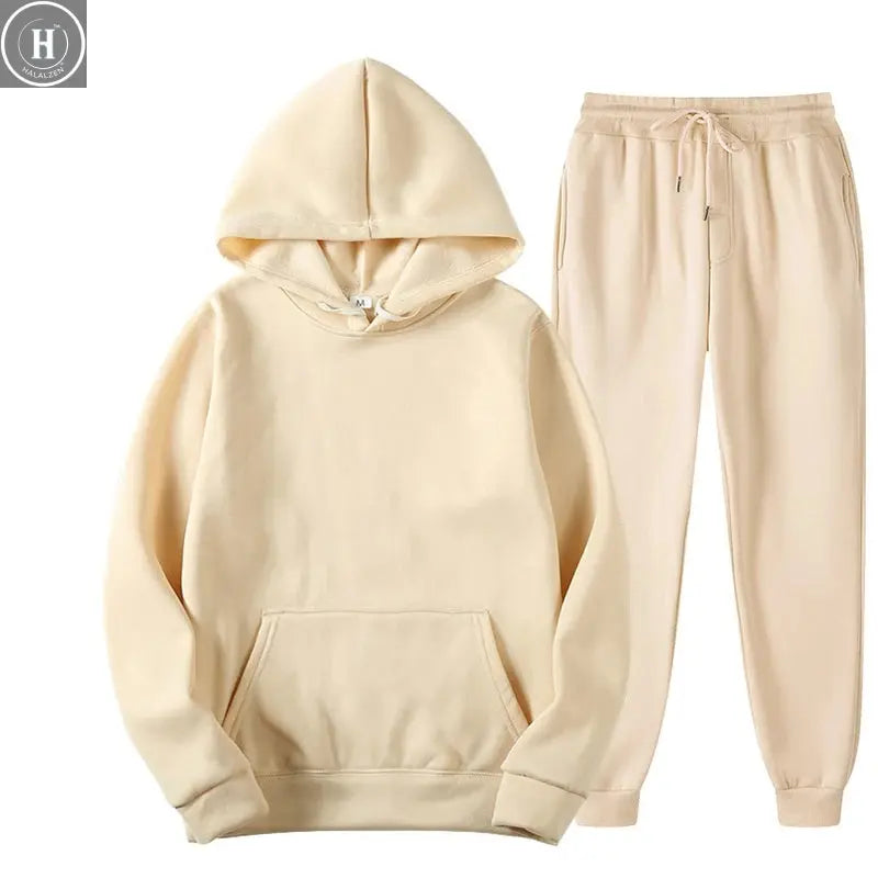 New Tracksuit Women Elegant Solid Suits Fleece Warm Hoodies 2 Piece Set Autumn Winter Fashion Oversized Sweatshirts Tracksuit HALALZEN
