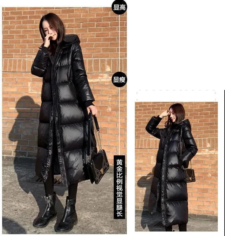 Black Glossy Parka Coat Women's 2024 Fashion Thicken Winter Hooded Loose Long Jacket Female Windproof Rainproof Warm Outwear