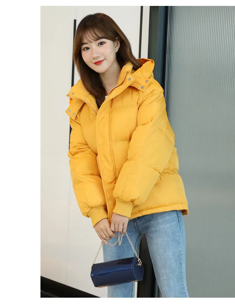 2024 Winter Women Jacket Yellow Short Hooded Cotton Padded Female Coat Thicken Warm Outwear Loose Waterproof Women Parka Femme