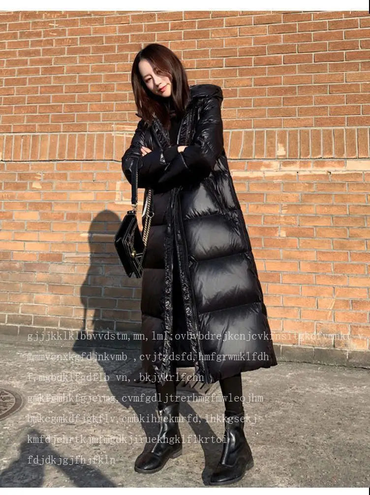 Black Glossy Parka Coat Women's 2024 Fashion Thicken Winter Hooded Loose Long Jacket Female Windproof Rainproof Warm Outwear