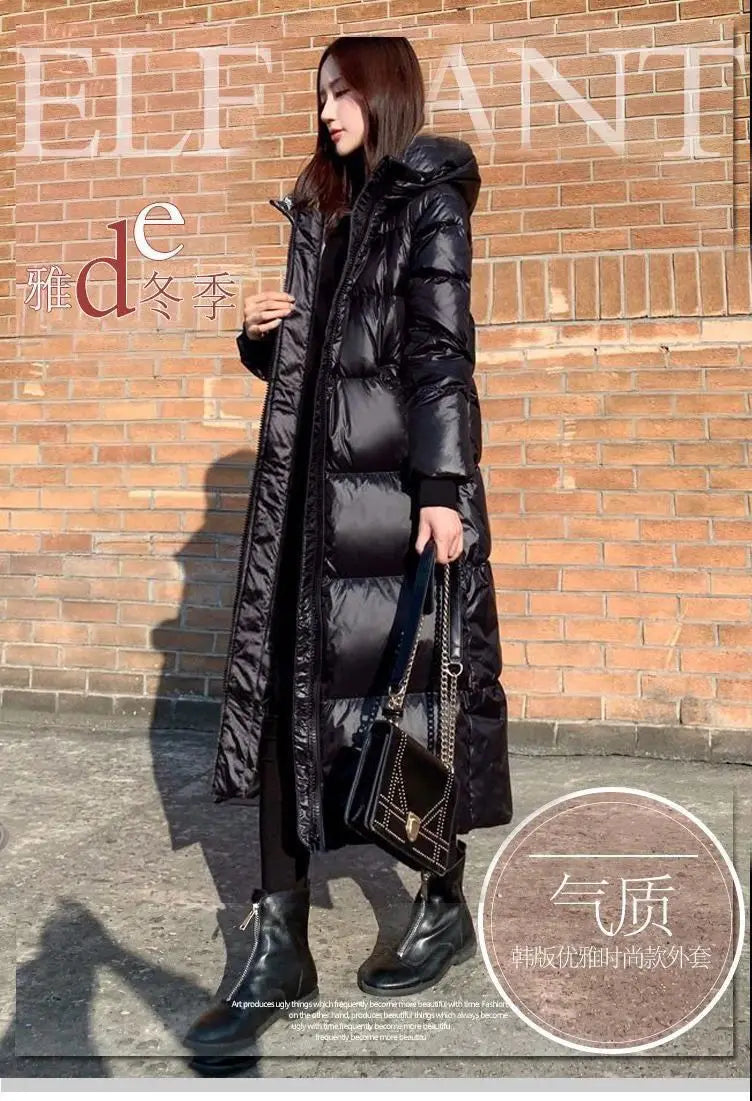 Black Glossy Parka Coat Women's 2024 Fashion Thicken Winter Hooded Loose Long Jacket Female Windproof Rainproof Warm Outwear