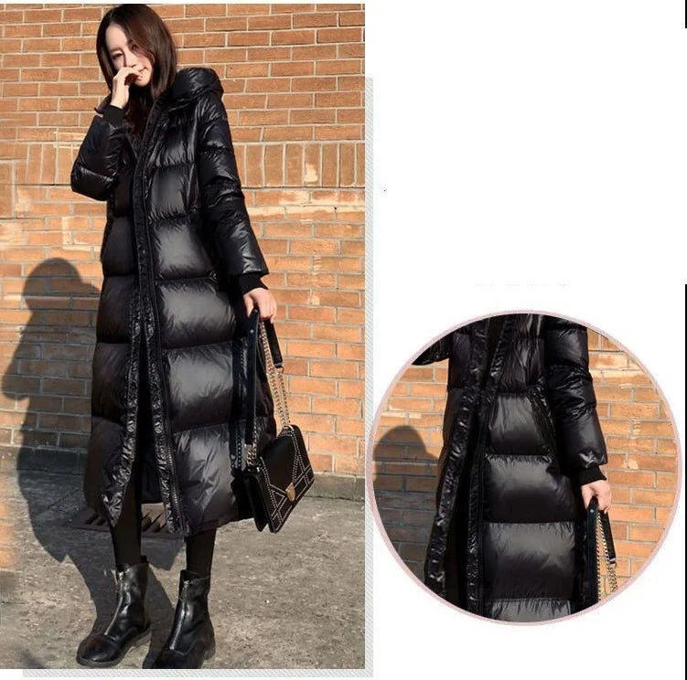 Black Glossy Parka Coat Women's 2024 Fashion Thicken Winter Hooded Loose Long Jacket Female Windproof Rainproof Warm Outwear