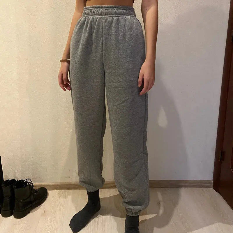 Women High Waist Casual Sweatpants Loose Elastic Waist Sports Pants Solid Sweatpants Baggy Ankle-length Trousers Black Gray Halalzen UK