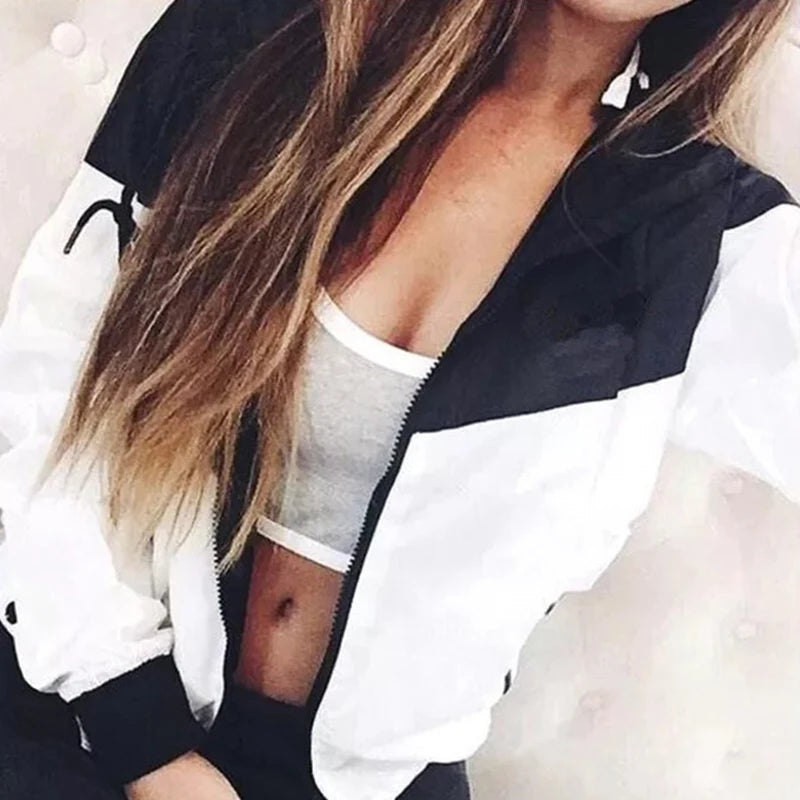 Loose Casual Hooded Zipper Jacket Women Fashion Coat With Pocket Autumn Stitching Long Sleeve Ladies Jacket