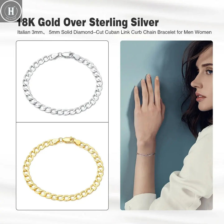 Rinntin 18K Gold Over 925 Sterling Silver 3mm Italian Cuban Chain Bracelet for Women Men Trendy Silver Bracelet Jewelry SB123 HALALZEN