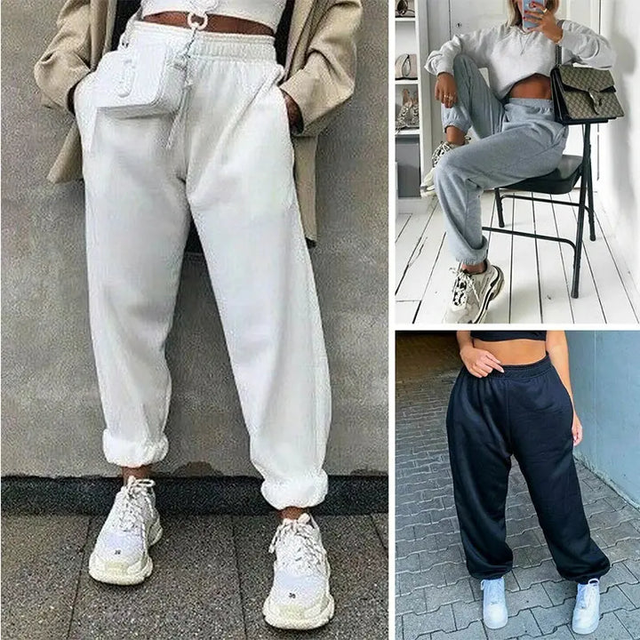 Women High Waist Casual Sweatpants Loose Elastic Waist Sports Pants Solid Sweatpants Baggy Ankle-length Trousers Black Gray Halalzen UK