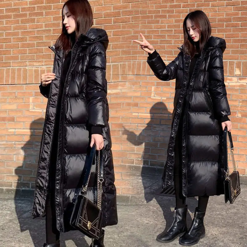 Black Glossy Parka Coat Women's 2024 Fashion Thicken Winter Hooded Loose Long Jacket Female Windproof Rainproof Warm Outwear