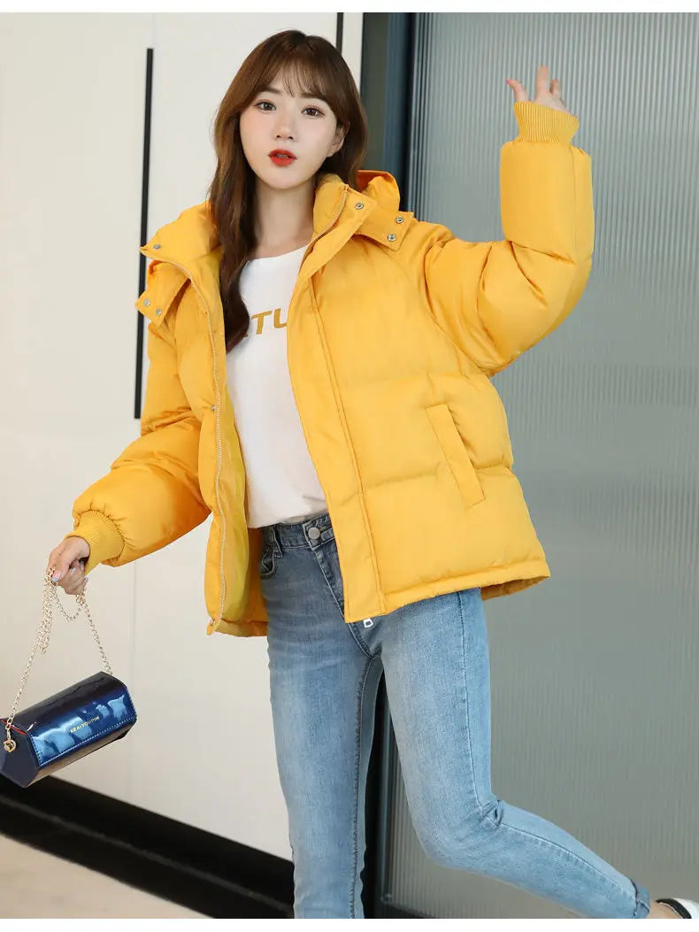 2024 Winter Women Jacket Yellow Short Hooded Cotton Padded Female Coat Thicken Warm Outwear Loose Waterproof Women Parka Femme