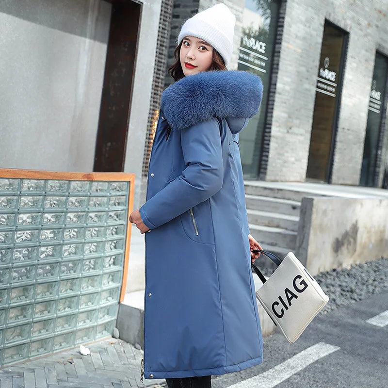 Winter Fashion Hooded Big Fur Collar Padded Long Parkas Down Cotton Warm Coat Waterproof Windbreaker Jacket Wear On Both Sides