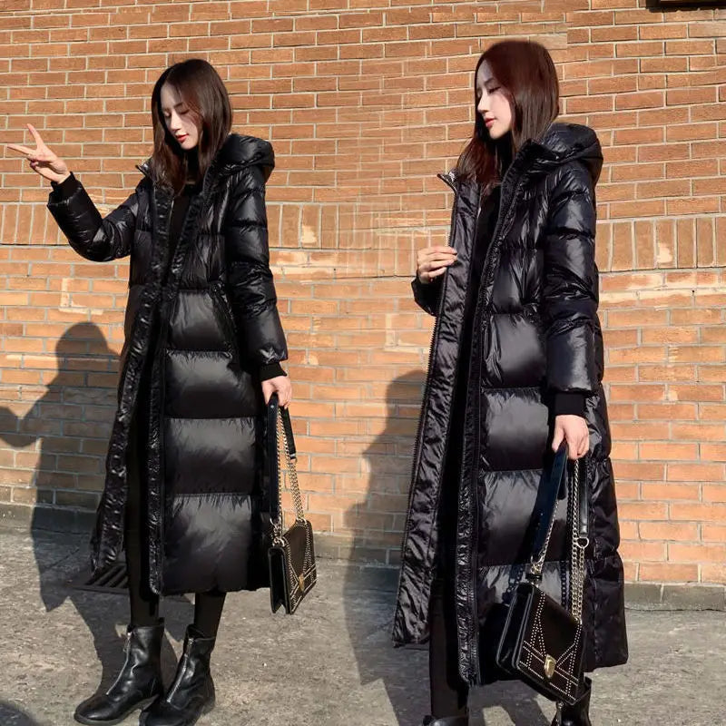 Black Glossy Parka Coat Women's 2024 Fashion Thicken Winter Hooded Loose Long Jacket Female Windproof Rainproof Warm Outwear