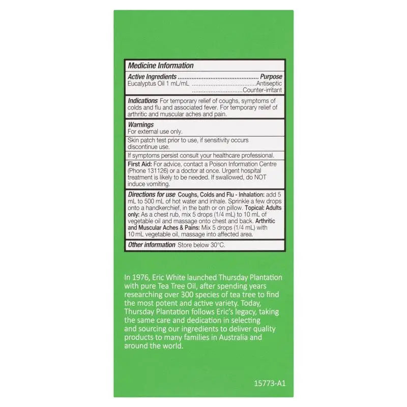 Australia Thursday Plantation Eucalyptus Oil 100%Pure Natural 200ml Relieve Cold Flu Symptoms Mild Arthritic Muscular Aches Pain HALALZEN